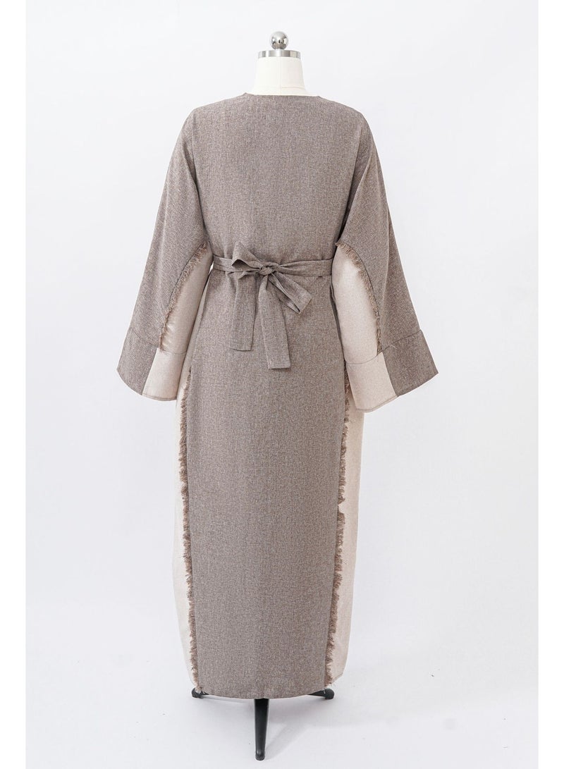 SHOWDAY Women’s Open Front Abaya Cardigan, Two Tone Long Kimono Kaftan with Belt & Pockets, Modest Maxi Outerwear for Daily Wear, Ramadan & Eid - Image 4